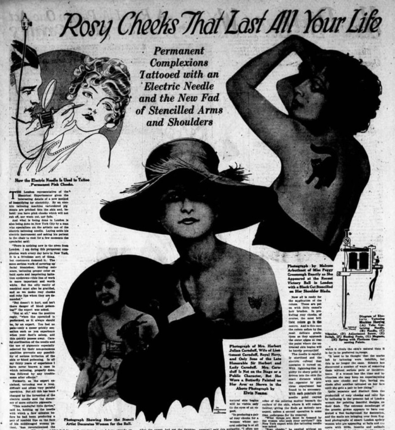 Một tờ quảng cáo cách phun xăm má hồng vào thập niên 1930.